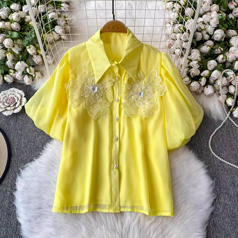 2025 summer new design nail bead three-dimensional flower bubble sleeve shirt women's sweet and loose slimming top