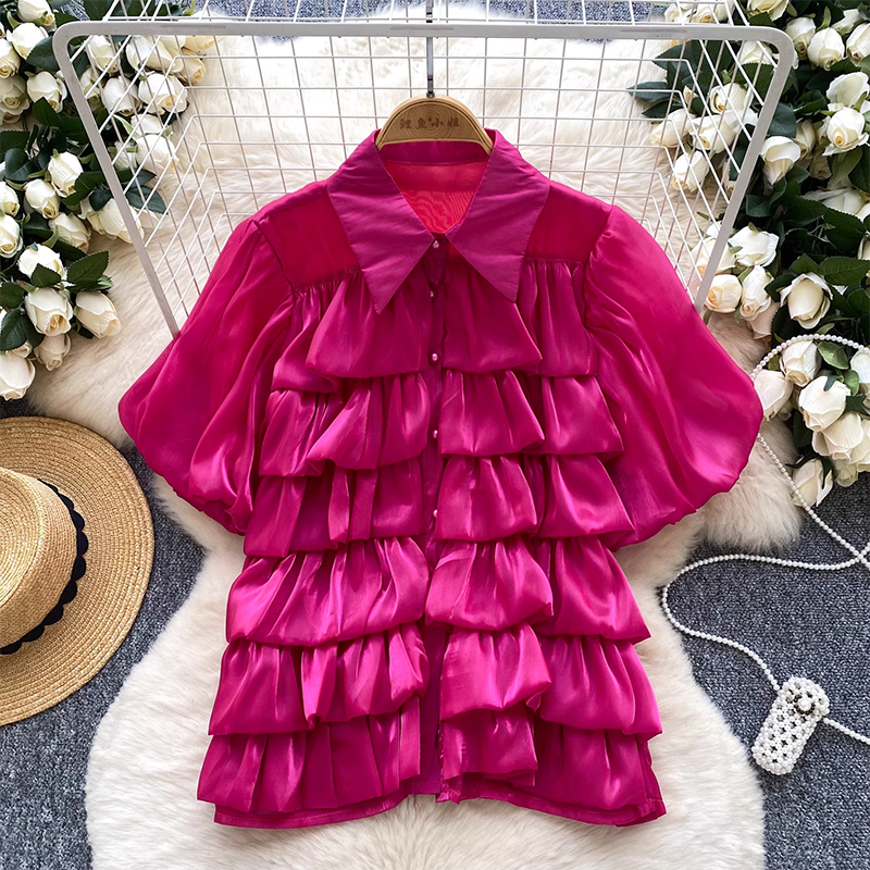 Palace style shirt for women in summer, French pearl single breasted lantern sleeves with ruffled edges, women's 2025 new shirt