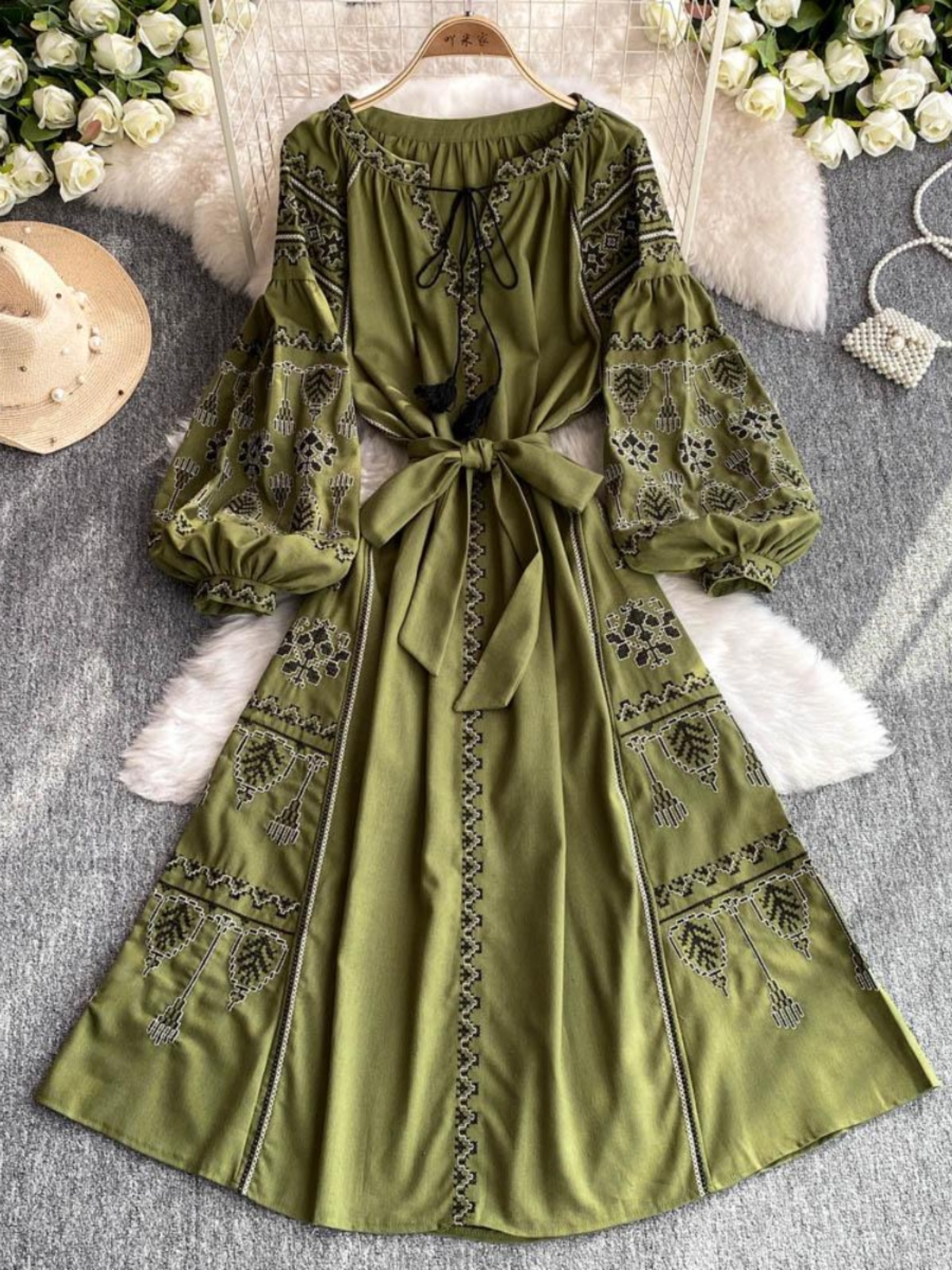 Bohemian dress women's autumn and winter retro heavy embroidery bubble sleeve tie waist mid length vacation dress