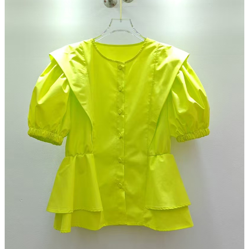 European goods 2025 summer new style French elegant slim fit and slimming round neck cinched waist shirt women's top