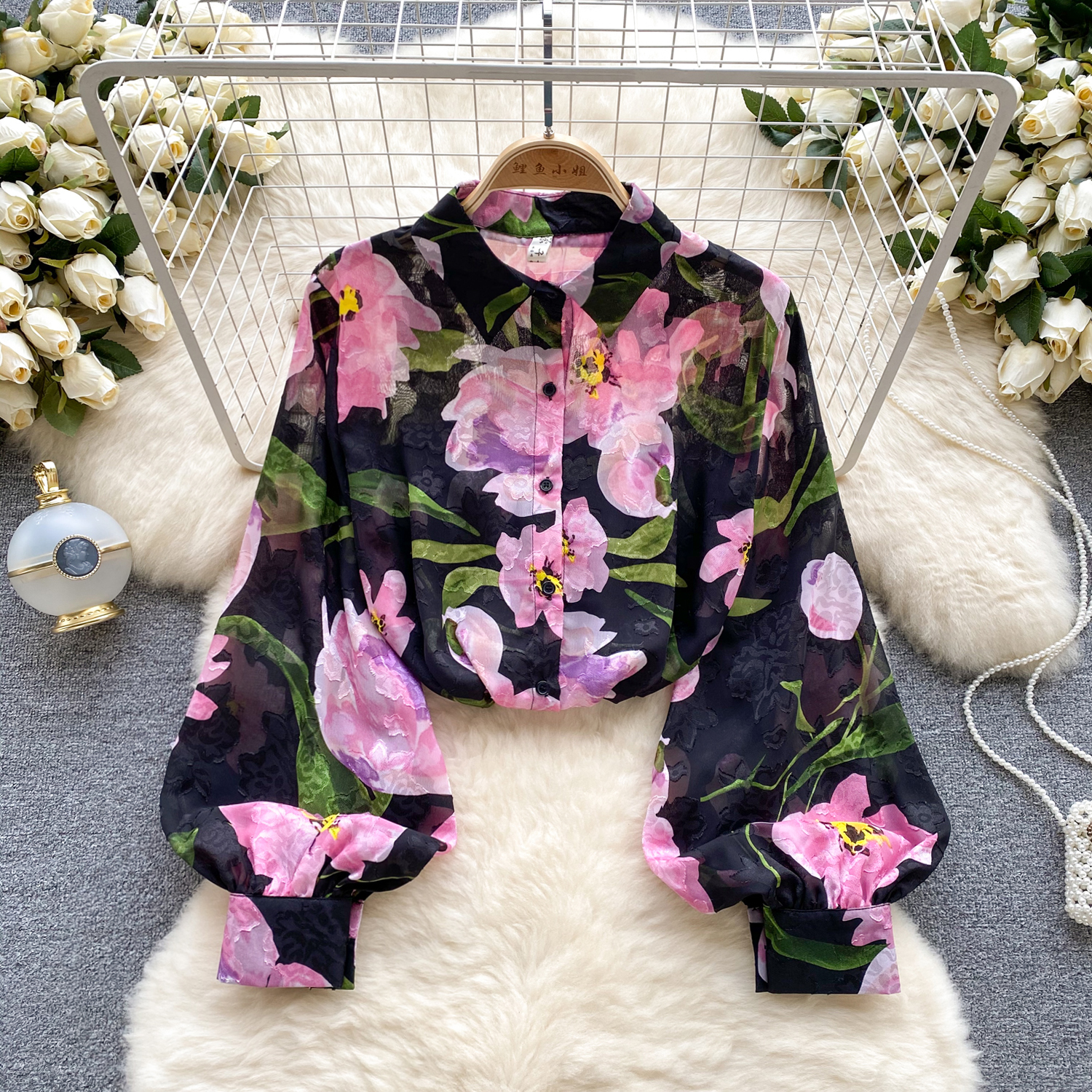 French retro chiffon floral shirt women's summer polo collar lantern sleeves design sense niche chic loose top
