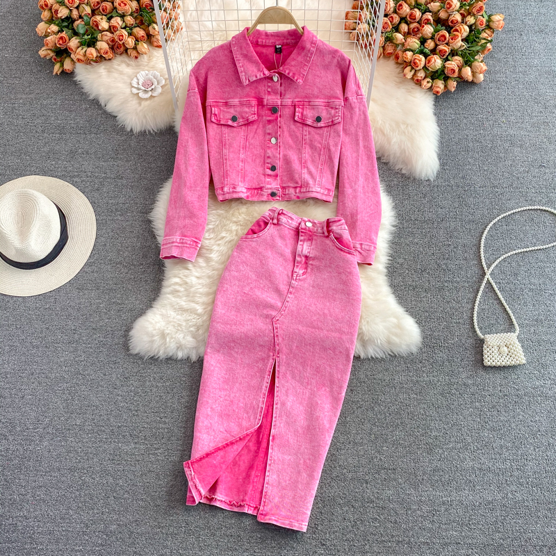 Pink denim jacket, short women's loose jacket, two-piece set, medium to long, high waist, hip hugging skirt, autumn