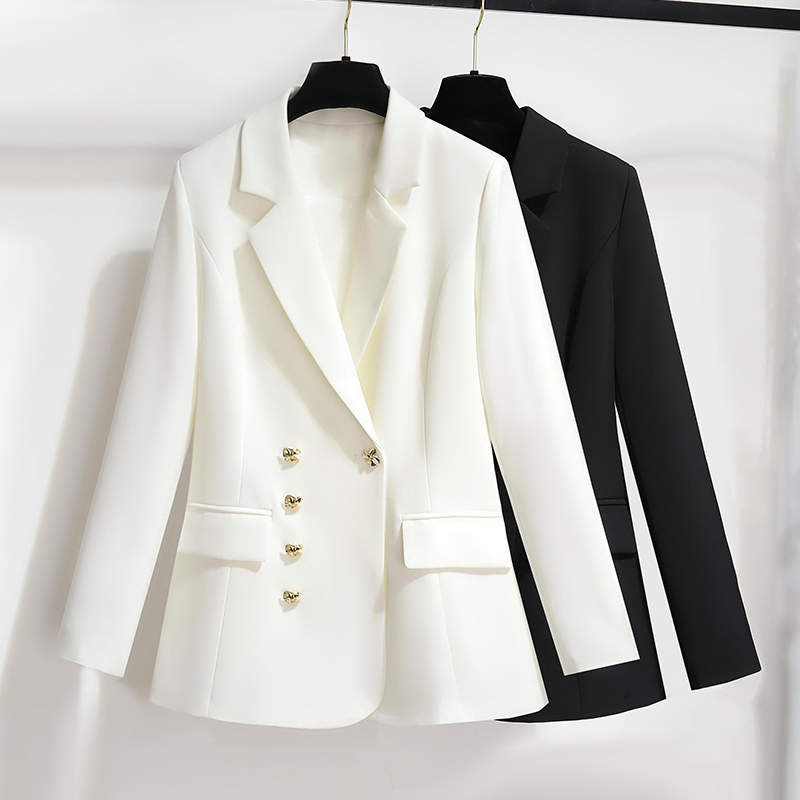 Spring 2025 new waist cinched small suit with versatile temperament, black suit with high-end feel, flowing down jacket, women's doubles buckle