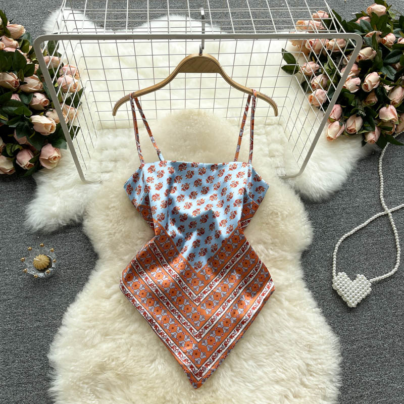 European and American Ins top women's design sense niche print bellyband heart machine backless knot slimming versatile camisole vest