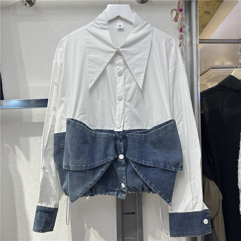 European 2024 autumn new long sleeved patchwork denim design, slimming shirt with bow tie, slim fit shirt top