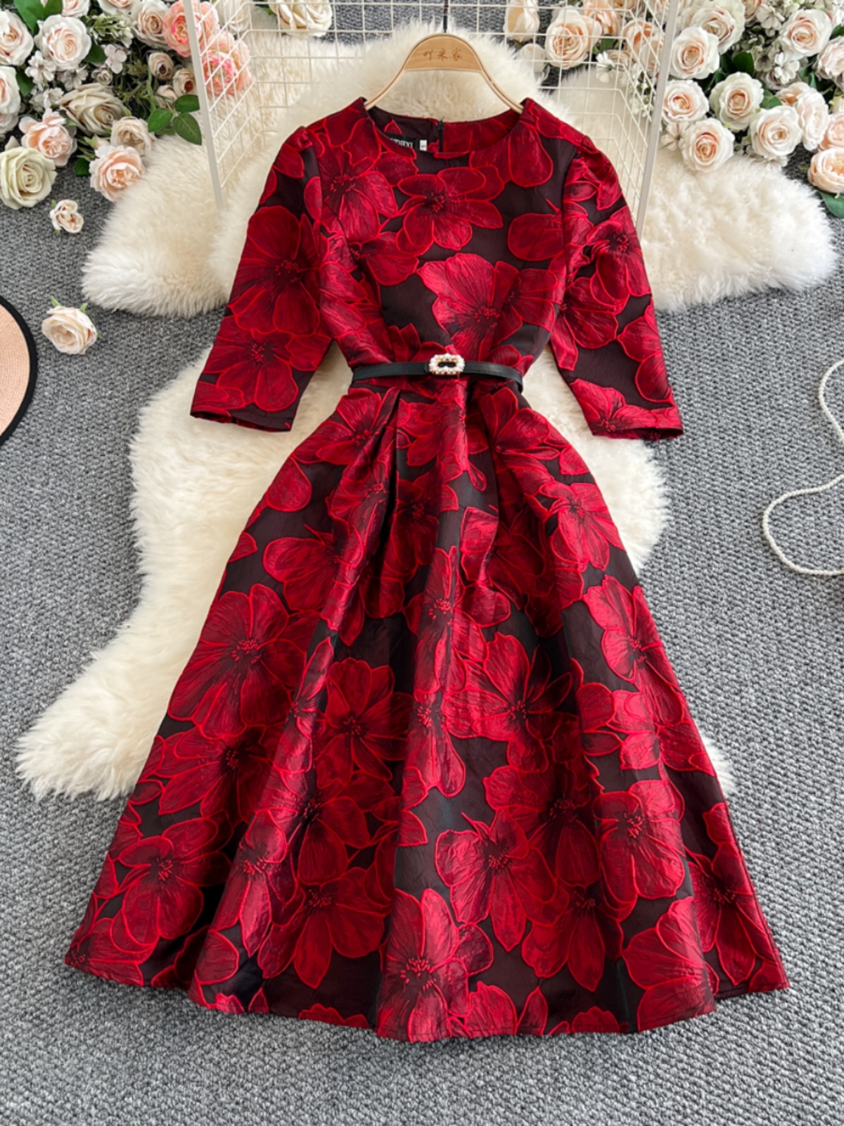 French socialite style three-dimensional flower jacquard dress with waist cinching, wine red annual party dress, big swing temperament, medium to long style