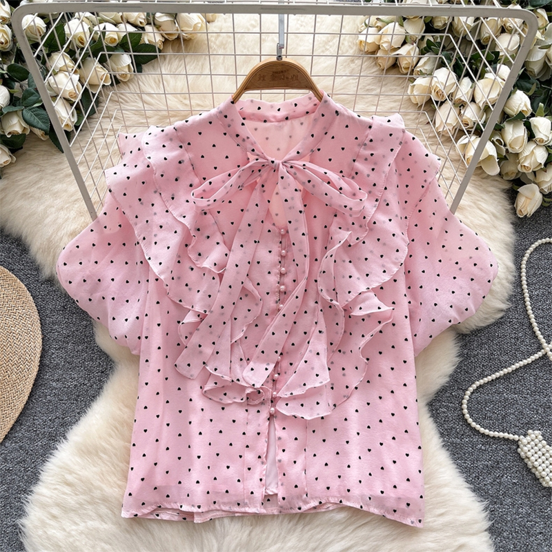 French gentle style shirt for women in autumn with bow tie, ruffle edge splicing, slimming effect, heart printed chiffon top