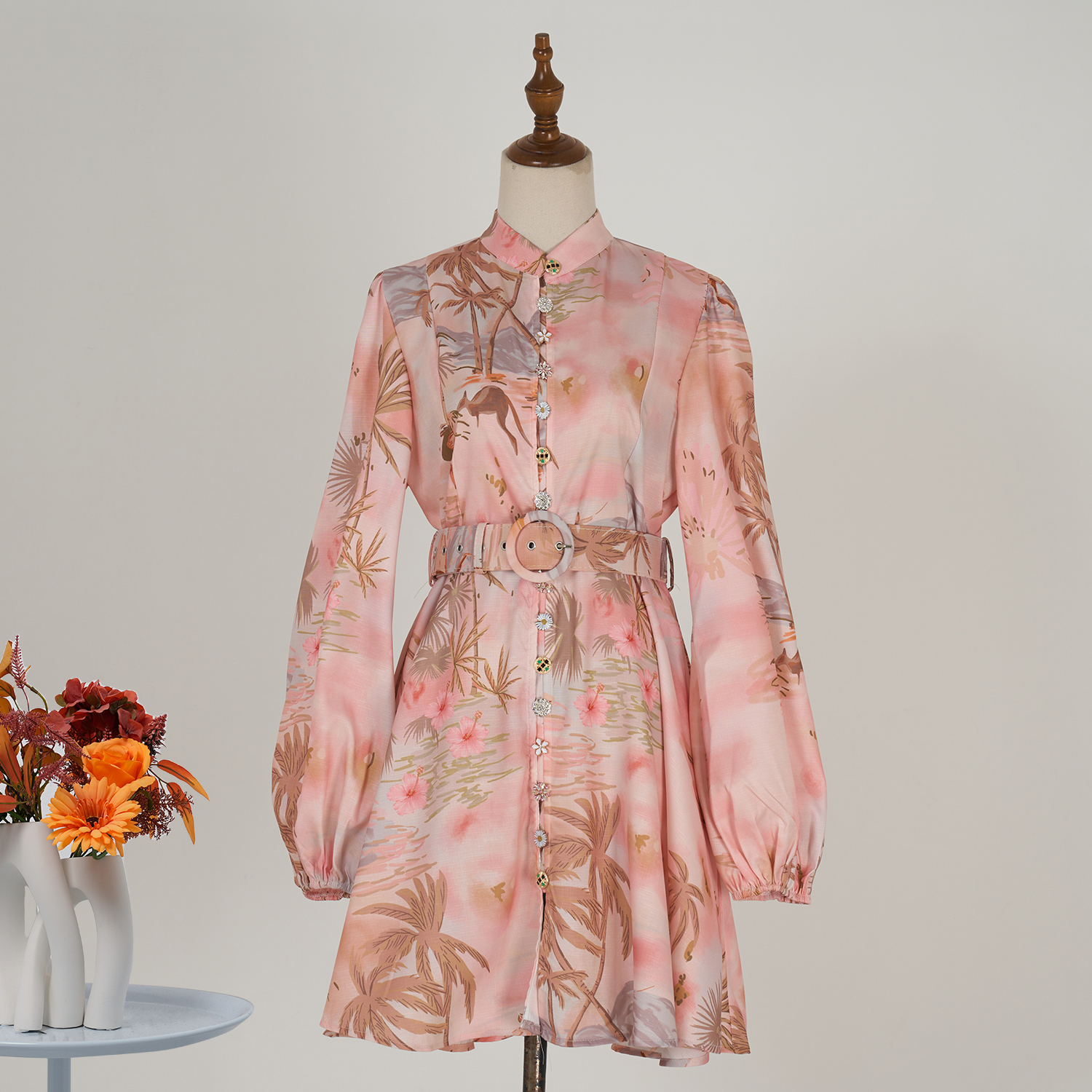 Real time spot new retro printed single breasted lantern sleeve short dress+belt women's clothing