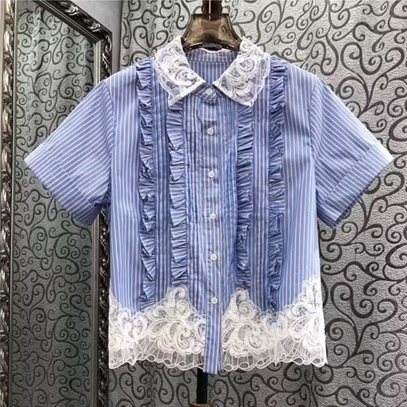 European style mushroom edge pleated lace patchwork French shirt for women in summer 2025, with a niche design and short sleeved top