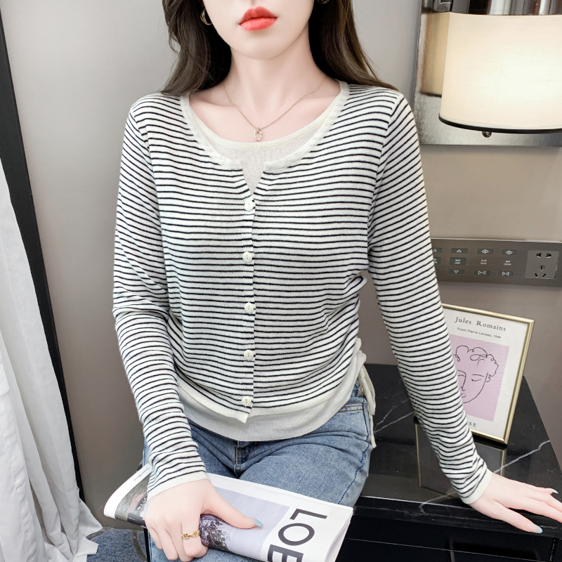 Fake two knitted cardigans for women in Spring and Autumn 2024, new style for small stature with drawstring and waist cinching, slimming top jacket
