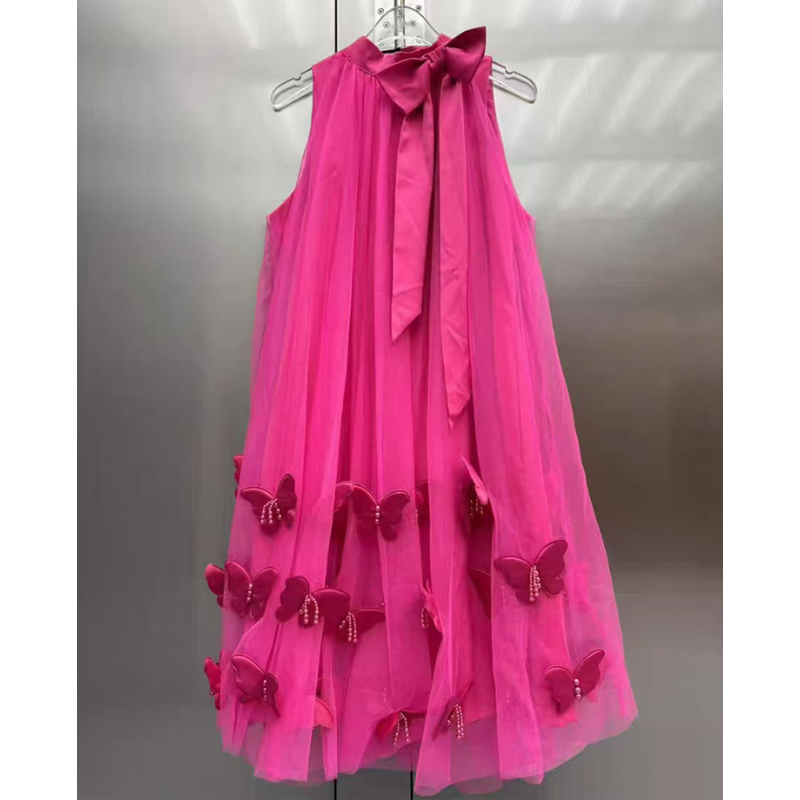 New European style sweet hanging neck design dress with 2025 summer three-dimensional decoration super fairy mesh short skirt