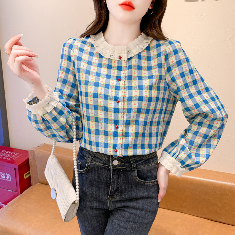 Retro lace shirt women's autumn contrasting round neck loose patchwork front shoulder slimming plaid casual top