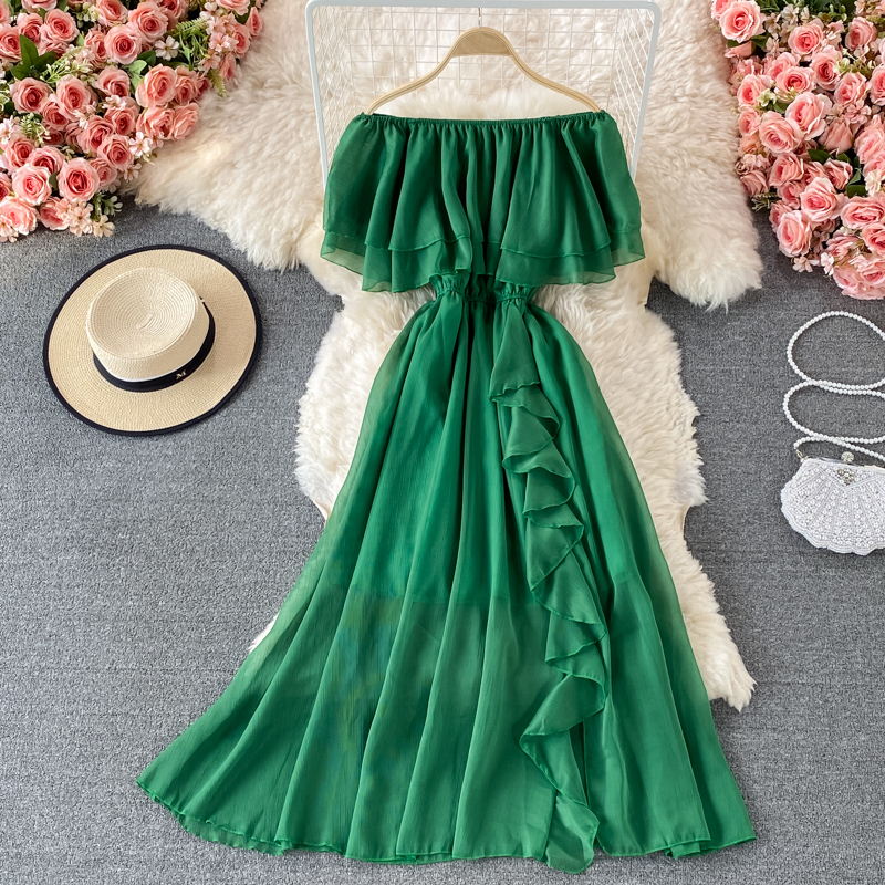 Seaside vacation one shoulder off shoulder chiffon dress, summer waist cinching, slimming, graceful ruffle hem, large swing long skirt