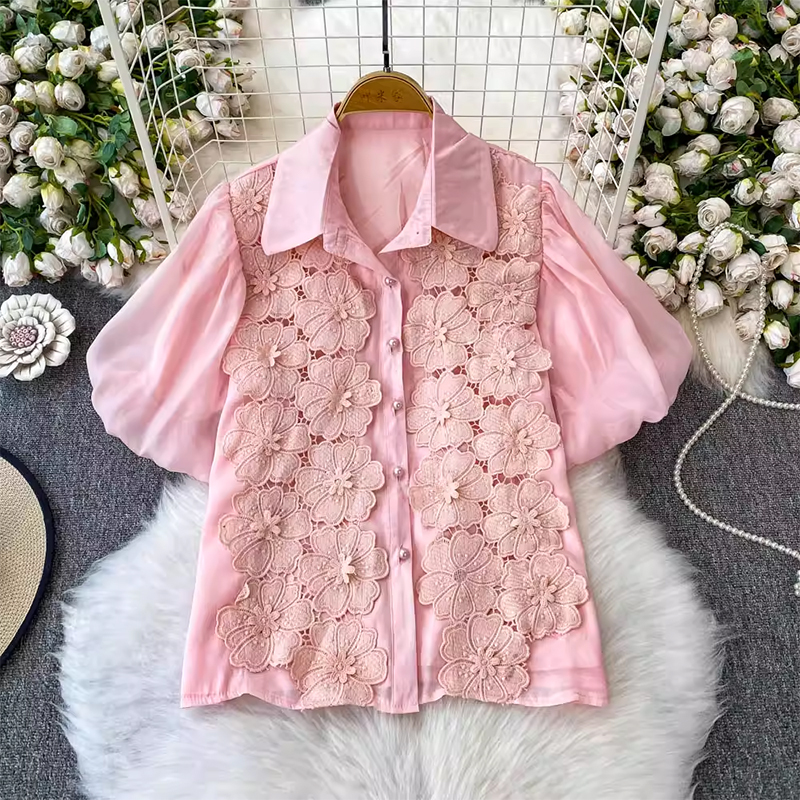 French lace flower embroidery lapel bubble sleeve shirt for women's summer 2025 new sweet and loose slimming top