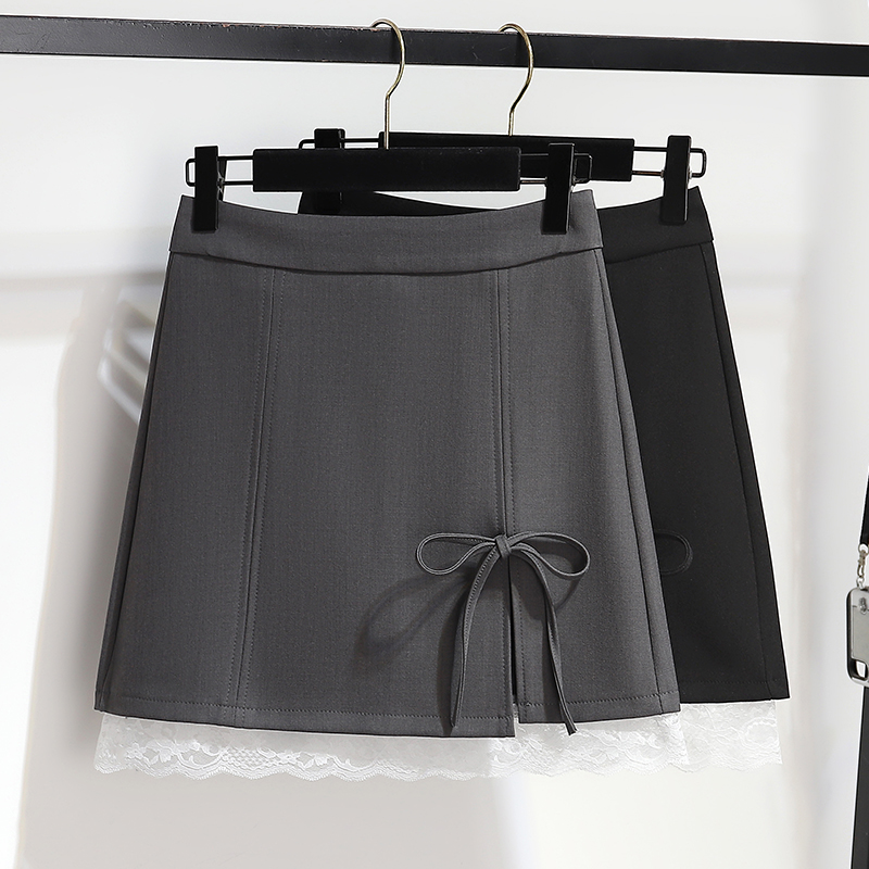 Grey lace patchwork skirt for women in spring and summer 2025, new bow tie, high waisted A-line hip hugging short skirt