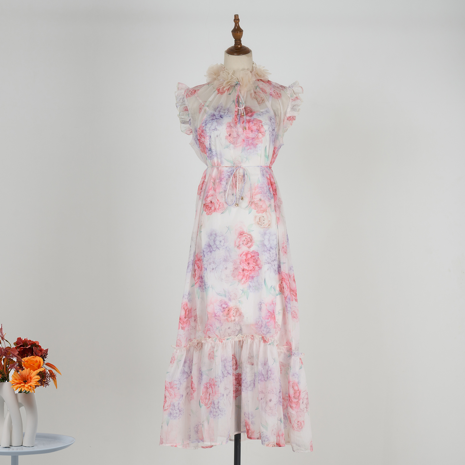Real time spot light luxury 2025 spring/summer lilac pink ruffle lace up waist cinched sleeveless flowing long dress