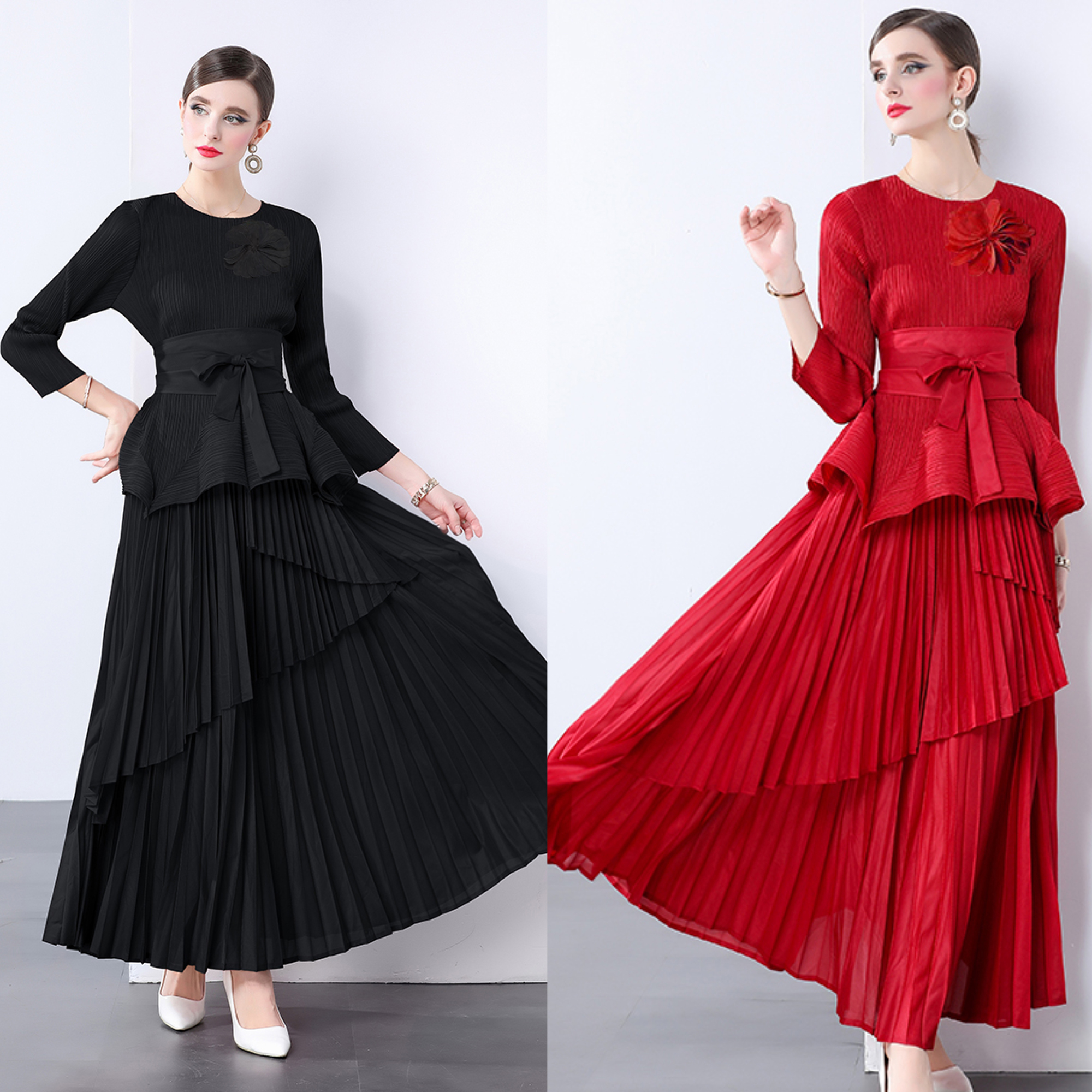 Three dimensional floral decoration top with long lace up pleated skirt, foreign trade European and American style pleated set with lining fabric