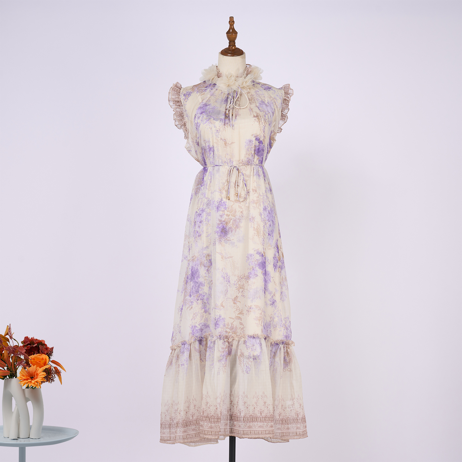 Real time stock of 2025 new style lilac purple lotus leaf edge decoration sleeveless dress