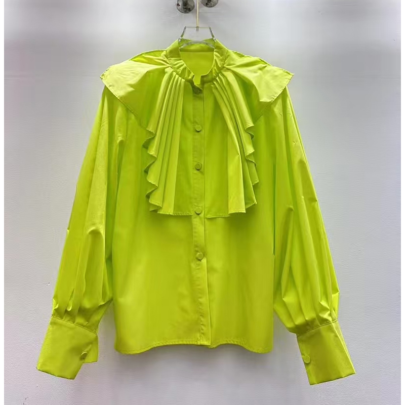 Design sense: Spring and Autumn new style lantern sleeve base shirt, retro temperament top, ruffle edge stand up collar shirt for women