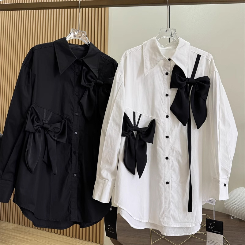 European station French three-dimensional bow long sleeved silhouette western-style shirt top with a small and fresh design sense, popular for women
