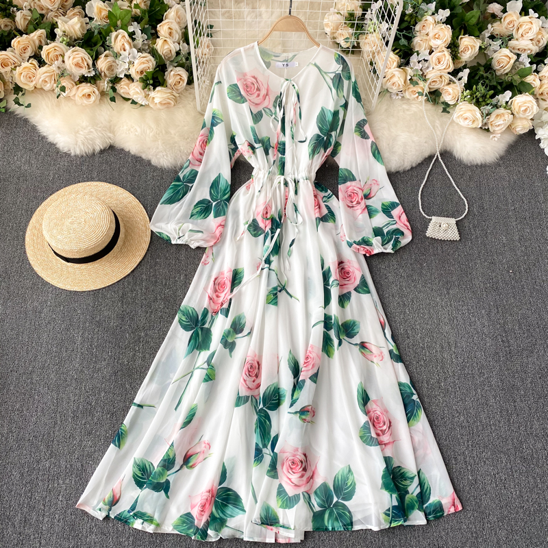 2022 Spring New French Dress Goddess Style Elegant Printed Bubble Sleeves Slimming Long Dress Skirt