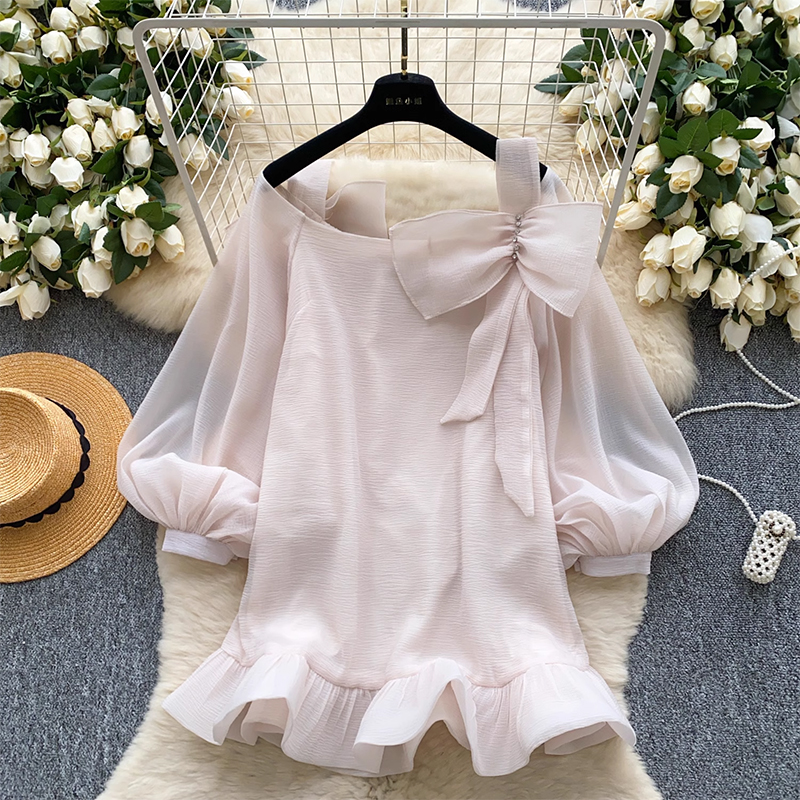 Gentle wind nail diamond bow decoration lantern sleeve mesh dress for women, French and Western style lotus leaf hem short skirt