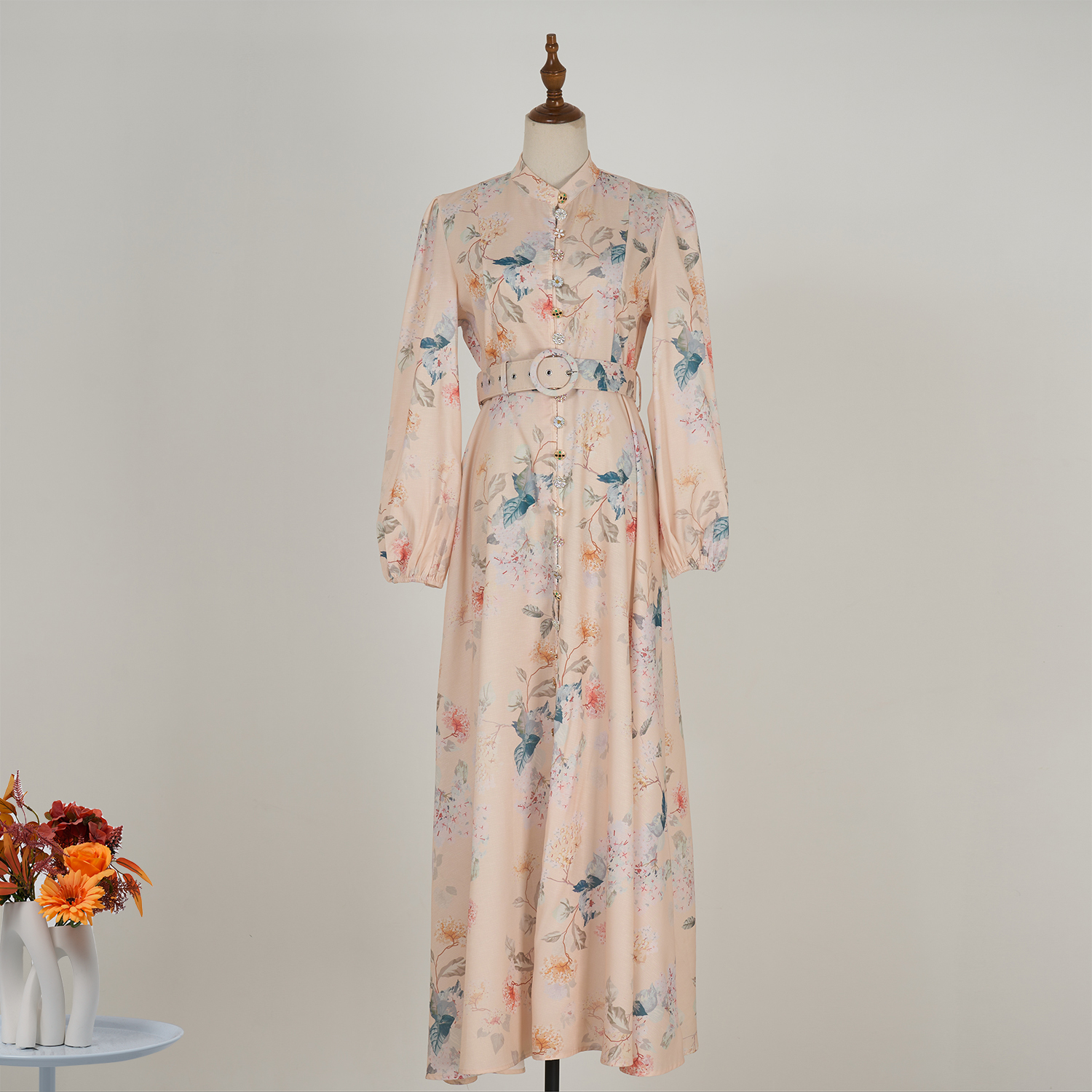 Real time spot new elegant retro printed single breasted lantern sleeve ultra long dress+belt women's clothing