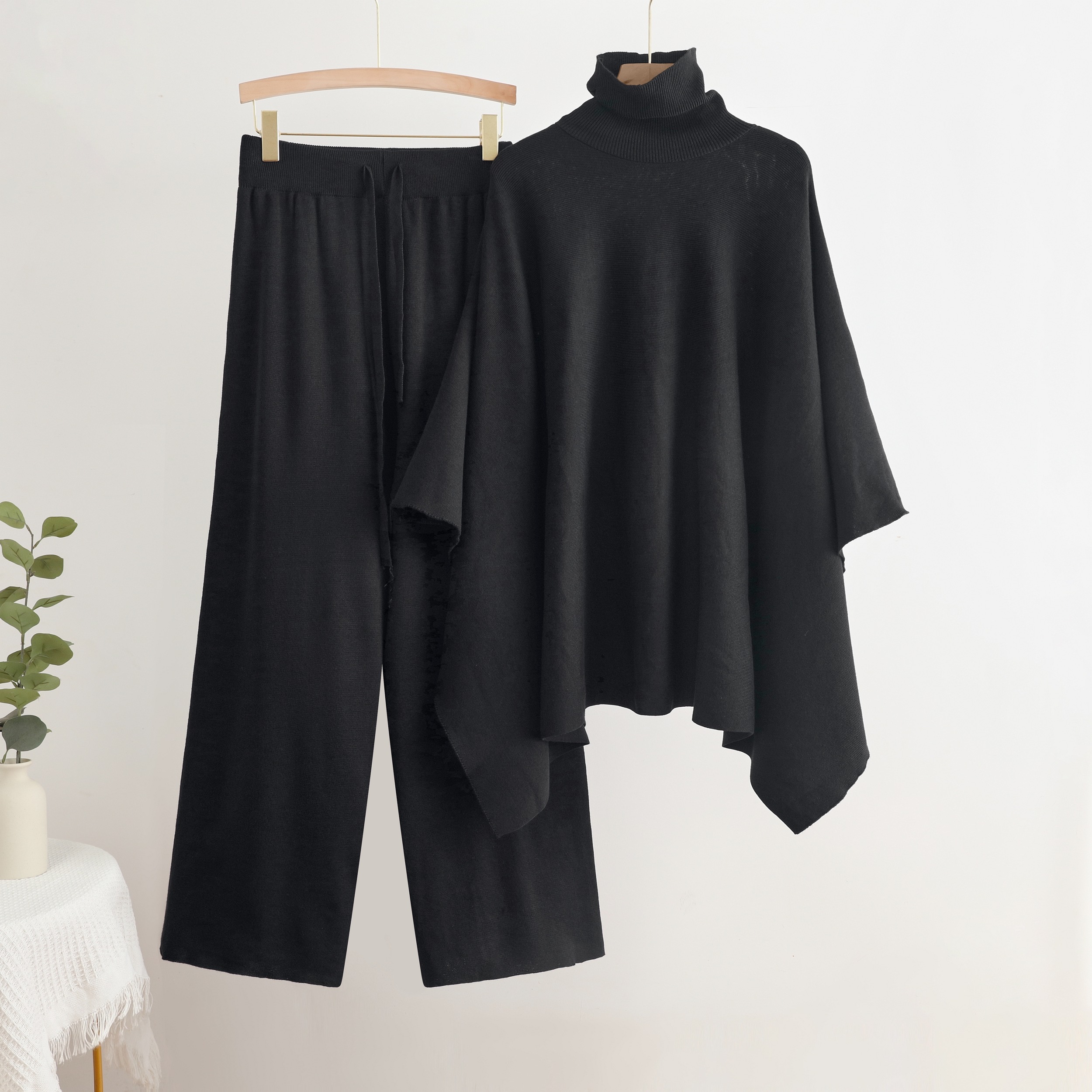 High neck cape top knitted sweater two-piece set wide leg pants autumn and winter loose temperament foreign trade set