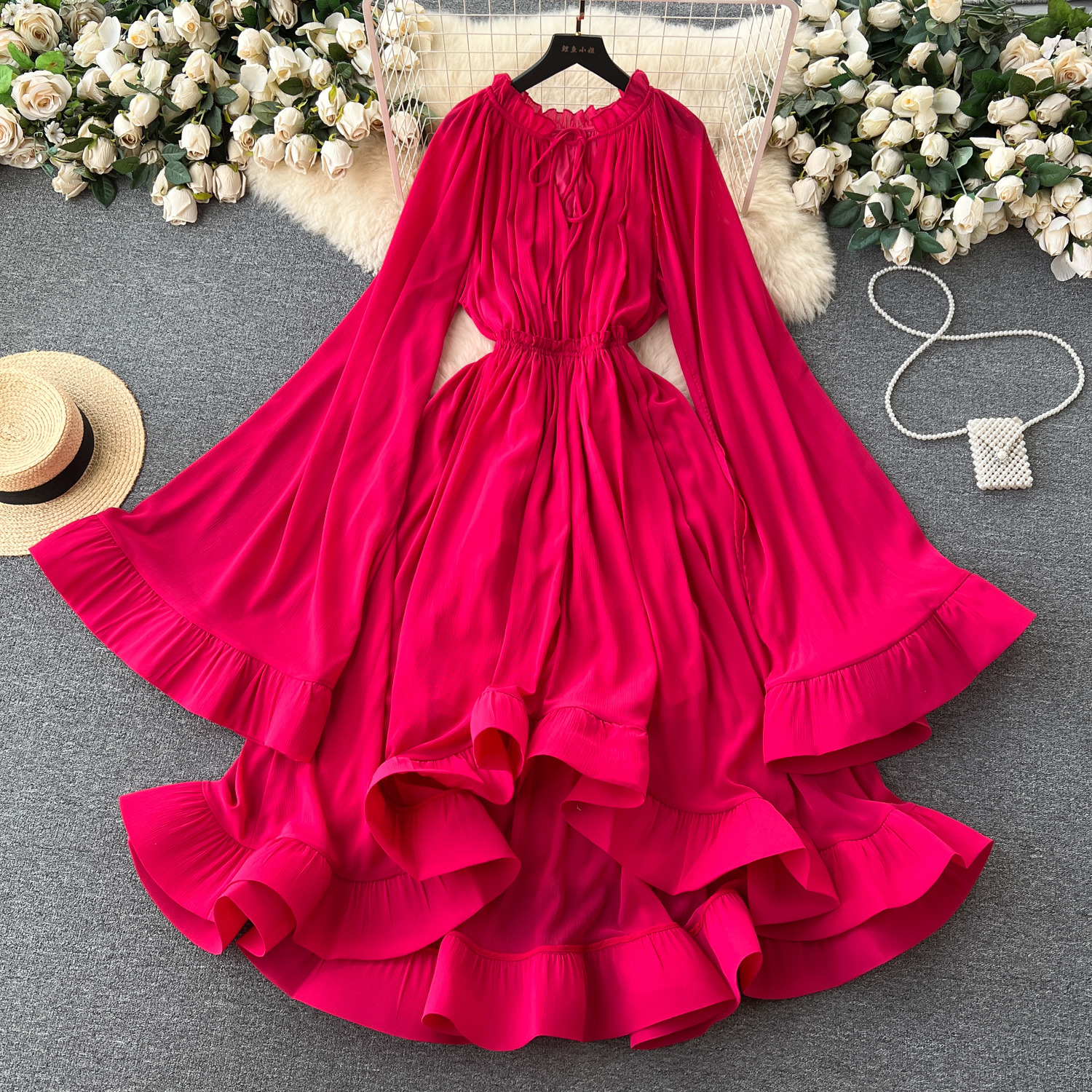 Light luxury retro high-end fashion V-neck lace up trumpet sleeves ruffle edge temperament cinched waist slimming dress
