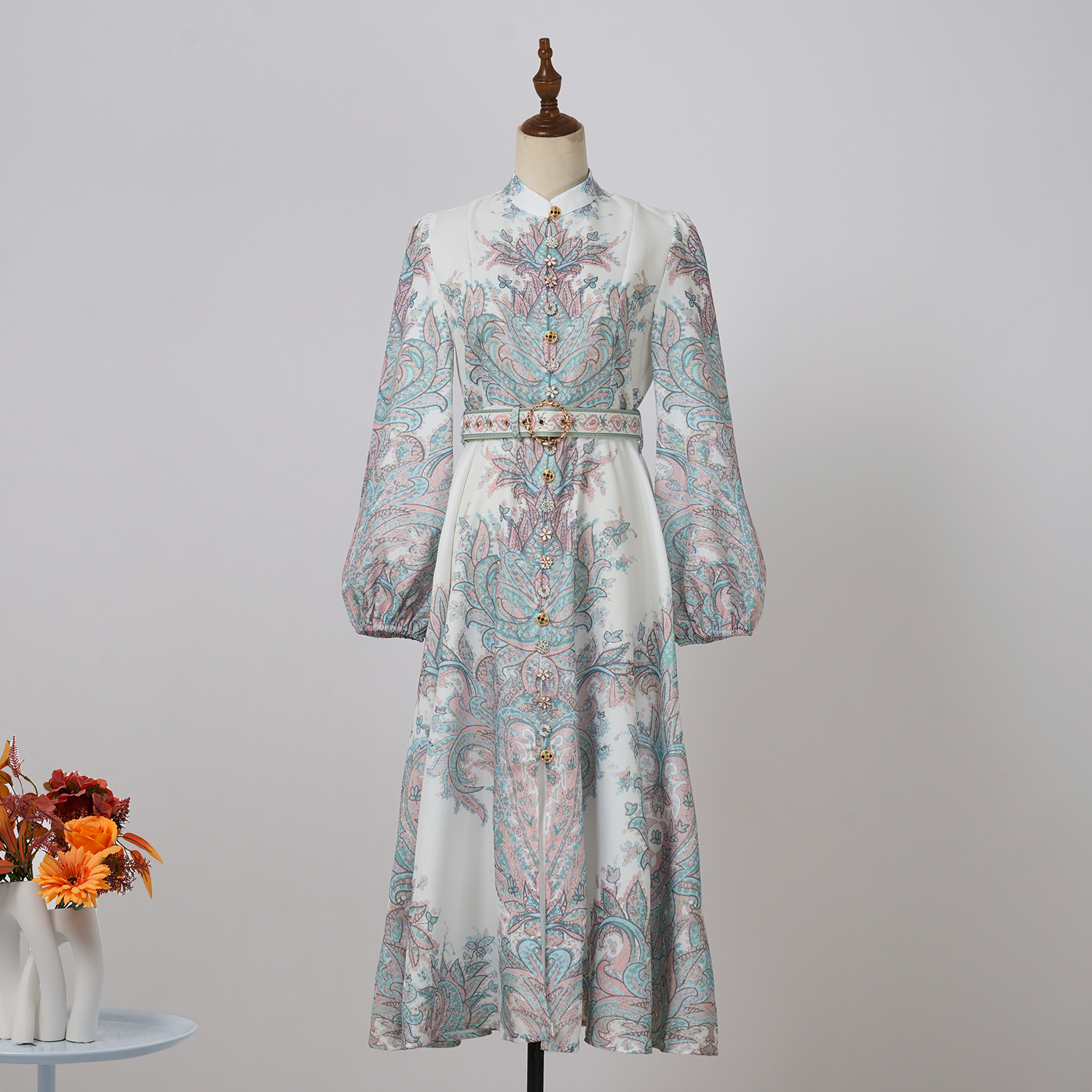 Real time spot European and American style design, single breasted lantern, long sleeved retro printed long skirt, elegant dress
