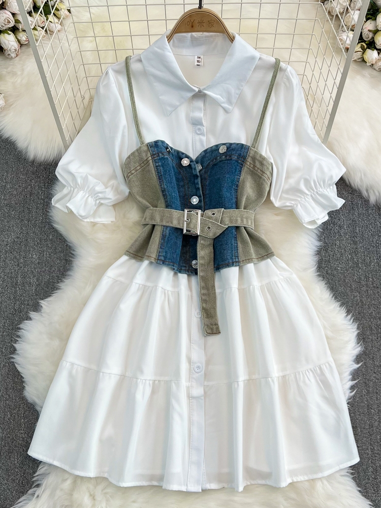 Hot girl contrasting denim vest women's two-piece set long sleeved lapel single breasted A-line white shirt dress
