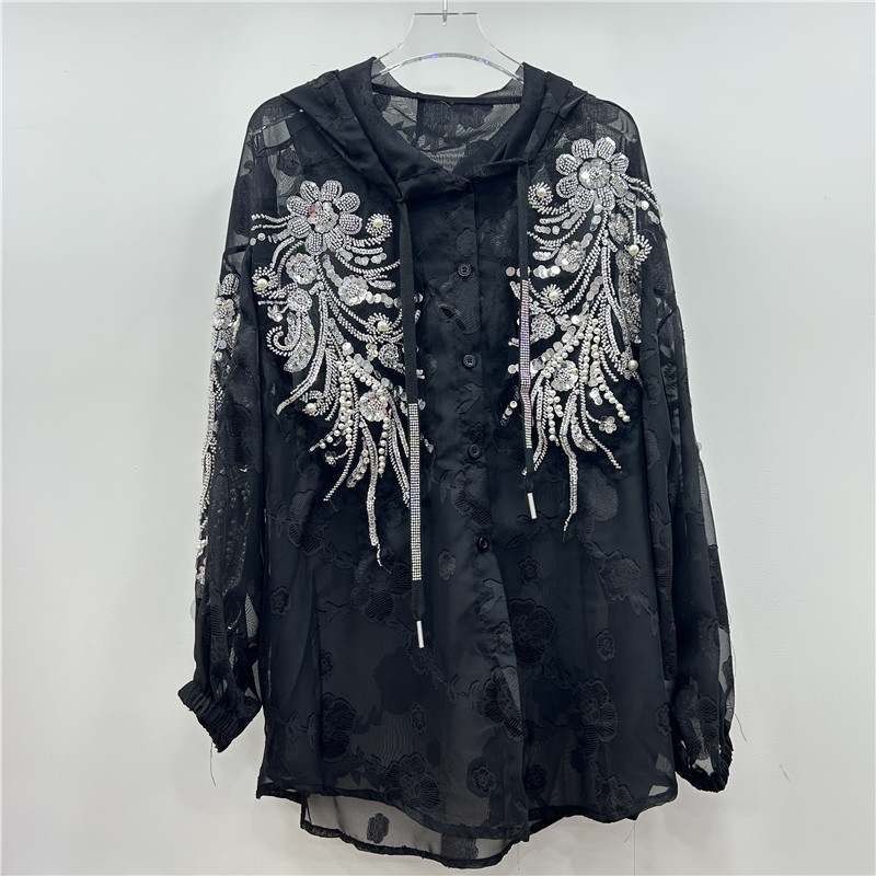European heavy industry nail bead sequin jacquard design shirt for women in spring and summer, loose and versatile, fashionable, hip covering long sleeved top, trendy