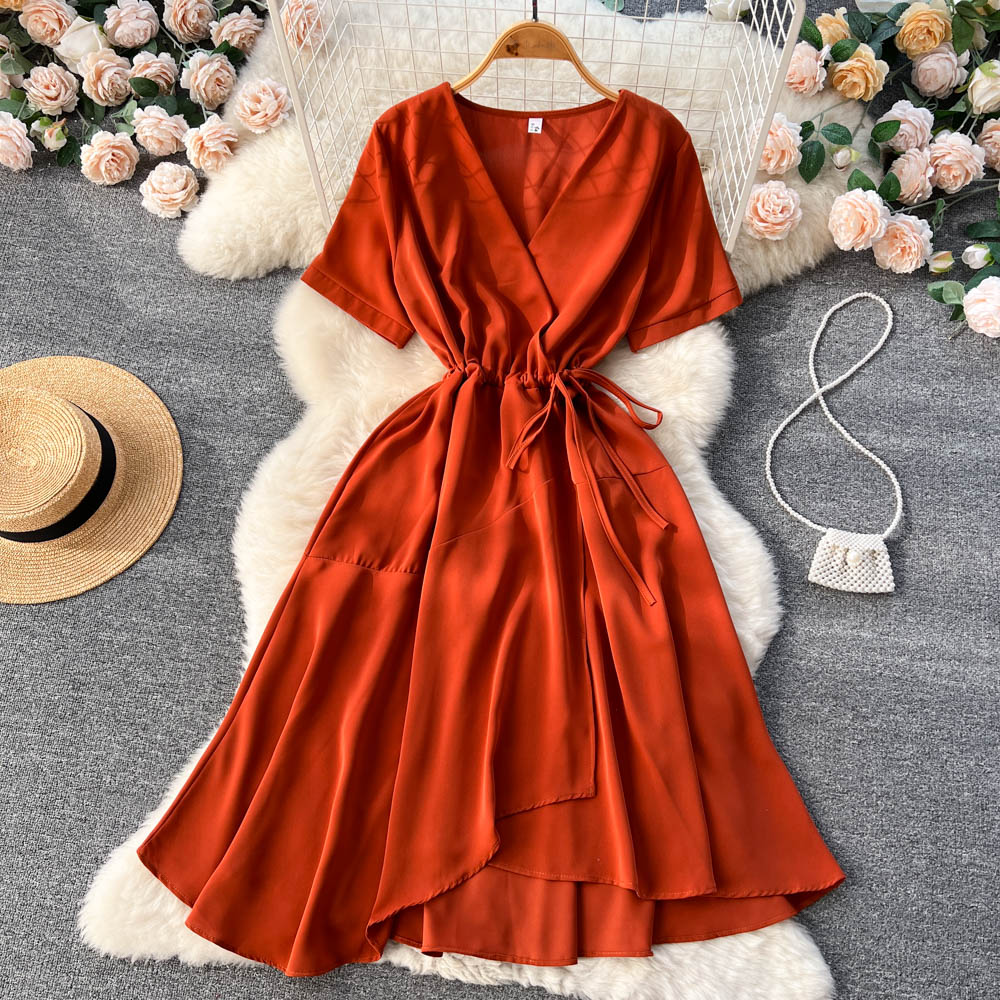Summer new V-neck irregular skirt style solid color dress for women with short sleeves, waist cinching and big swing style A-line skirt