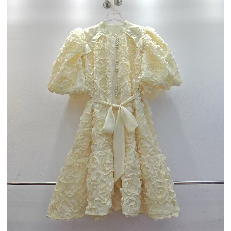 Palace style dress 2025 summer round neck lantern sleeve short sleeved single breasted high-end three-dimensional flower princess dress