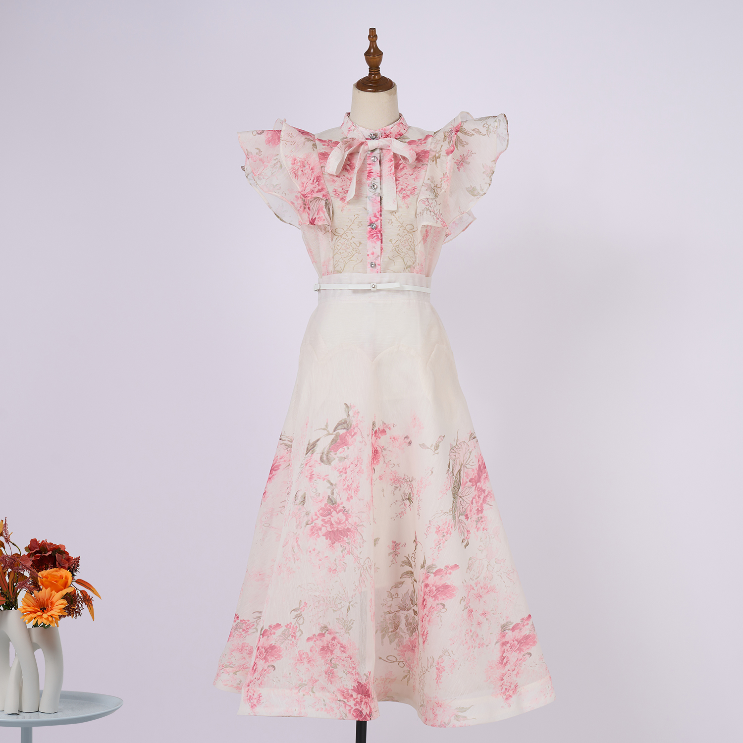 Real time spot Australian new palace style stand up collar with ruffled edges and diamond buttons, sleeveless wide swing dress set in 5 colors