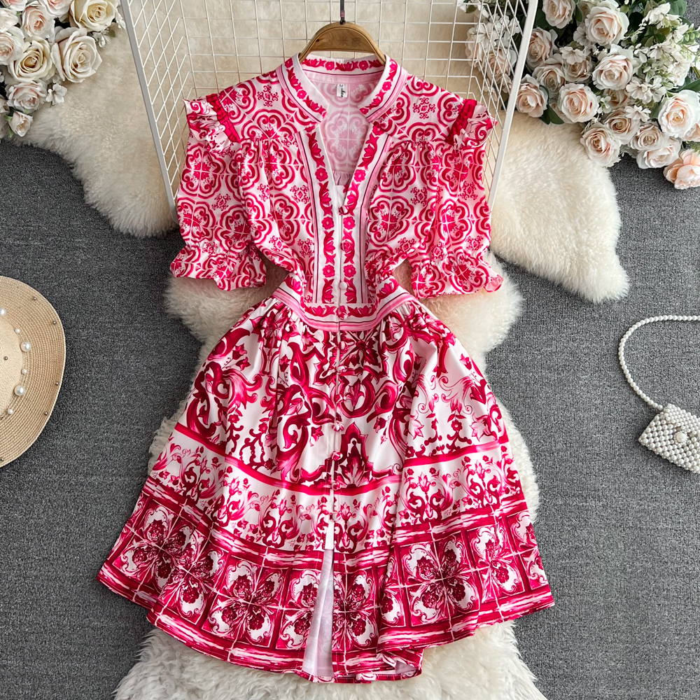 Retro court style short sleeved V-neck ruffled waist slimming single breasted A-line celadon printed dress for women