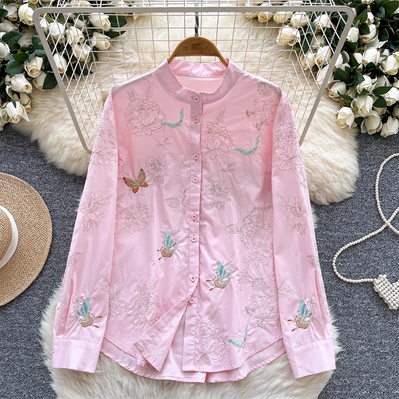 New Chinese China-Chic Butterfly Embroidery Shirt Women's Summer Loose Stand Collar Design Luxury Royal Sister Temperament Top Fashion