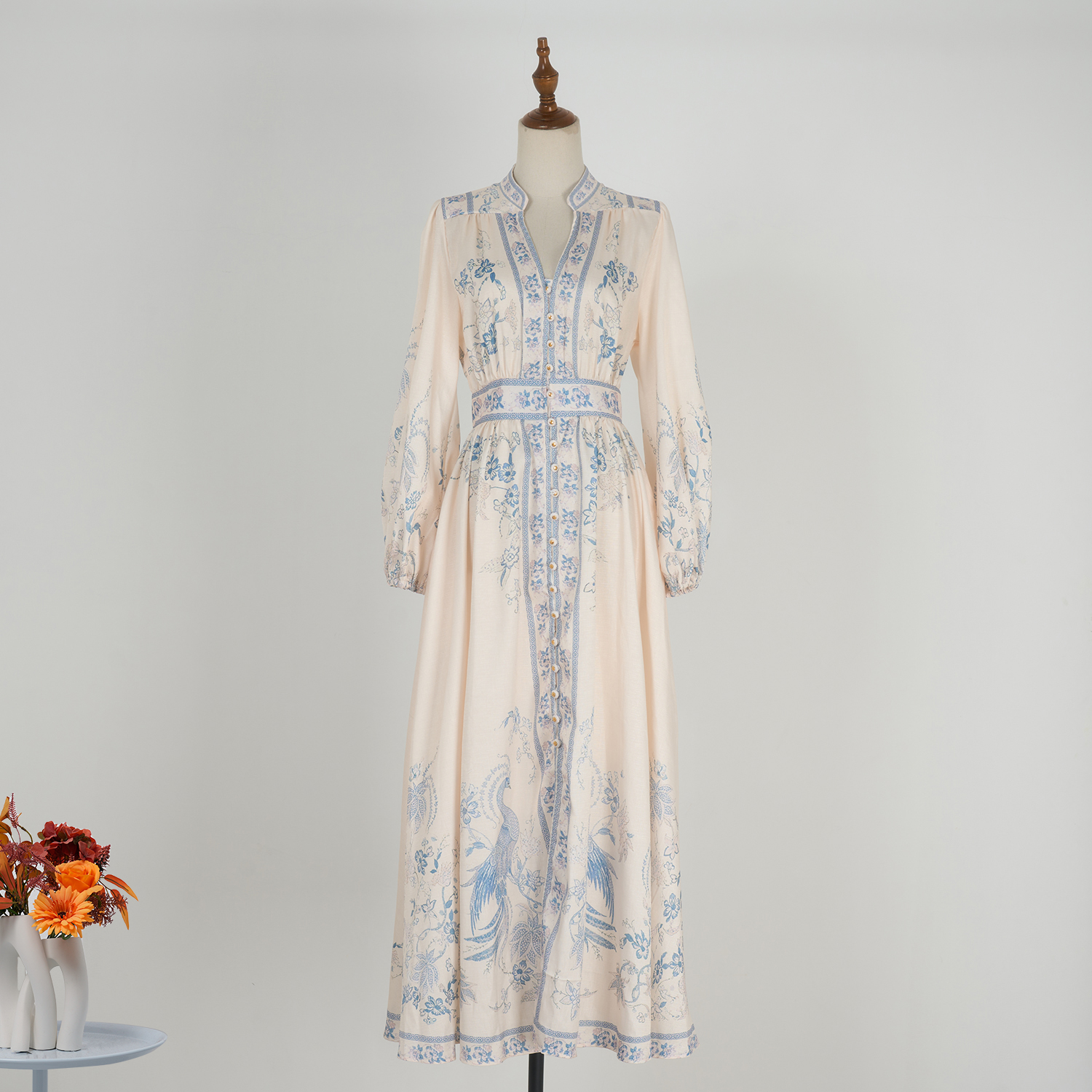 Real shot vintage court style exotic stand up collar printed single breasted A-line long sleeved dress with large swing long skirt in stock