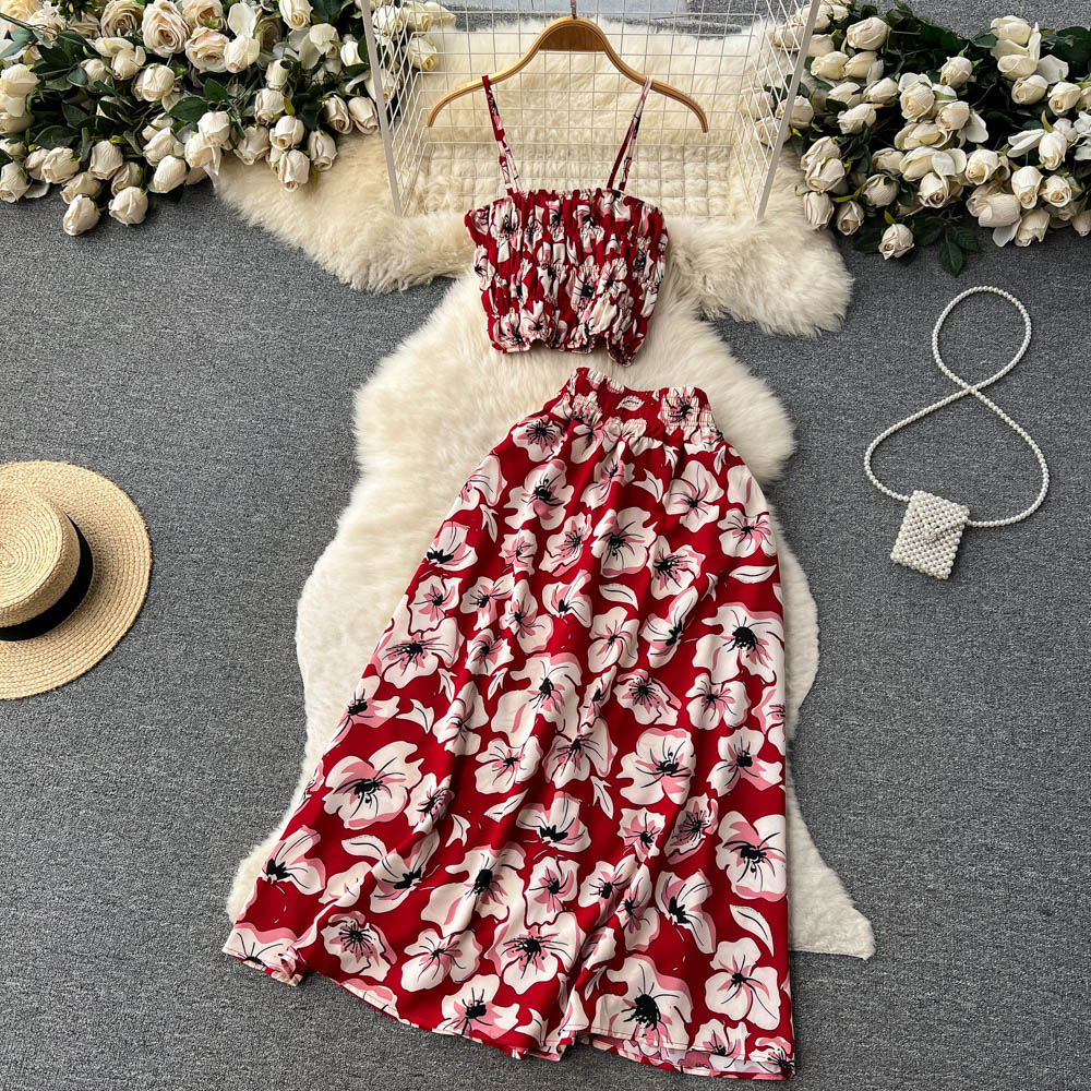 Beach vacation pleated camisole strapless top+floral midi skirt set, women's sexy cropped skirt two-piece set