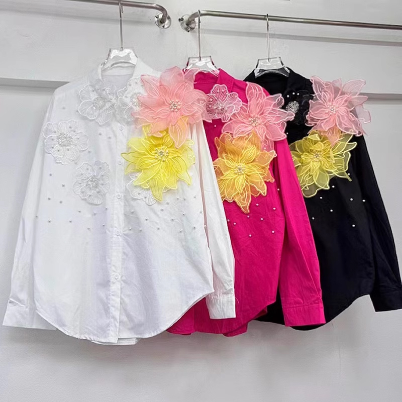 Design sense heavy industry nail bead three-dimensional flower shirt for women's spring 2025 new loose shirt single breasted top