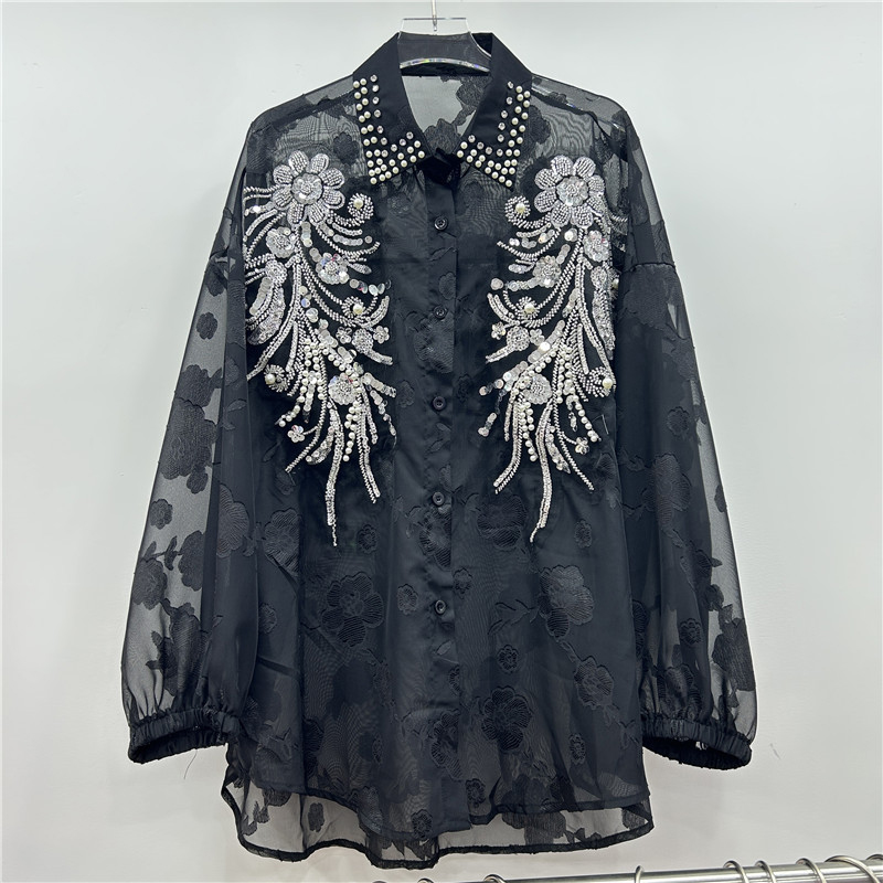 French style new Korean version versatile long sleeved shirt for women with a niche design, medium to long length heavy industry sequin inlaid diamond top