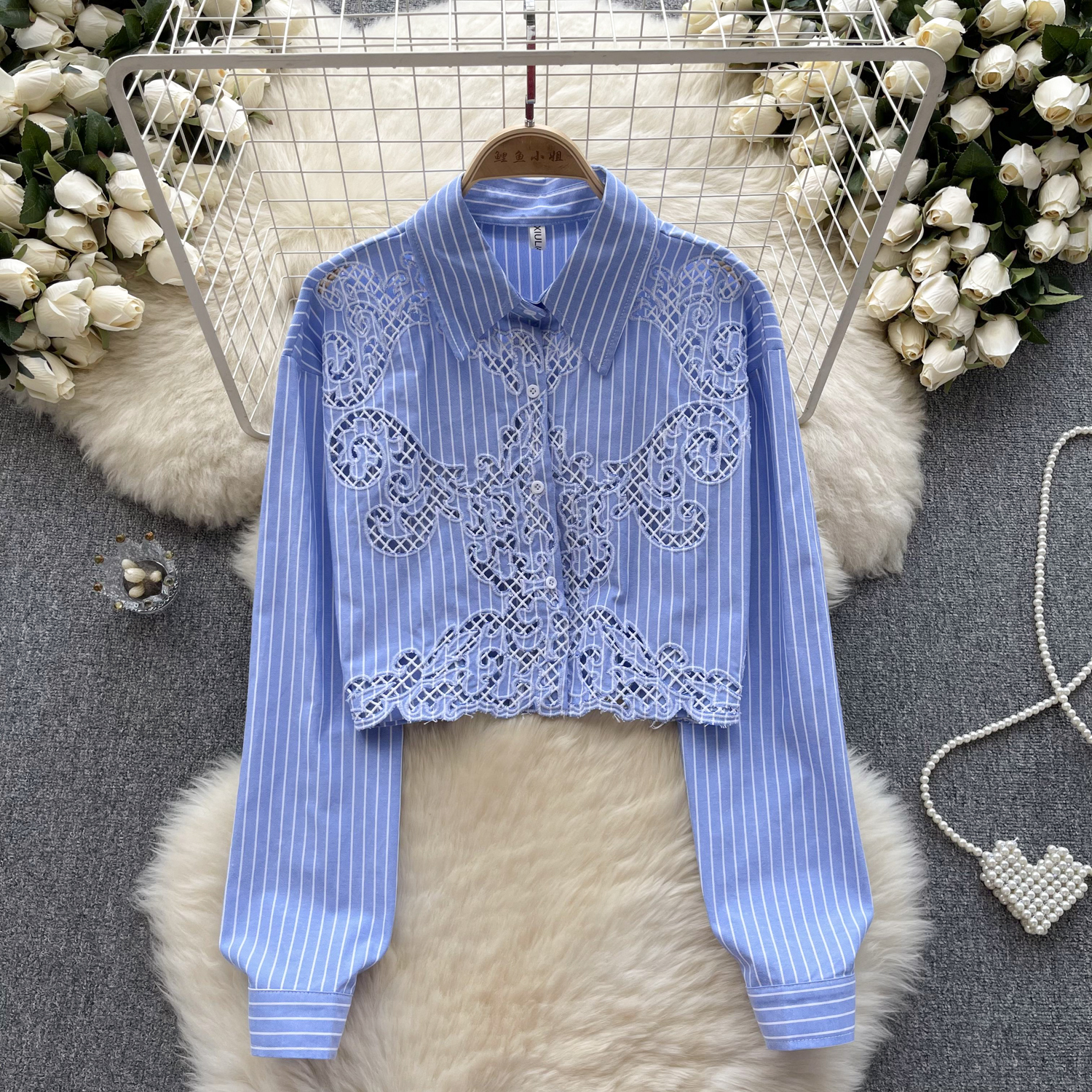 French style light luxury long sleeved striped shirt for women's autumn hollow hook flower short design, niche temperament top