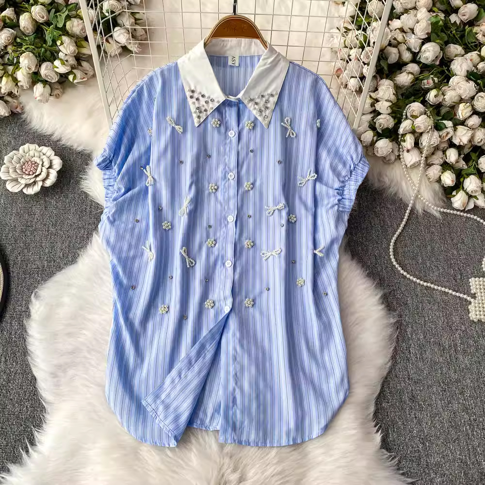 2025 summer contrasting lapel loose lazy full body nail bead mid length covered buttocks striped shirt large board top
