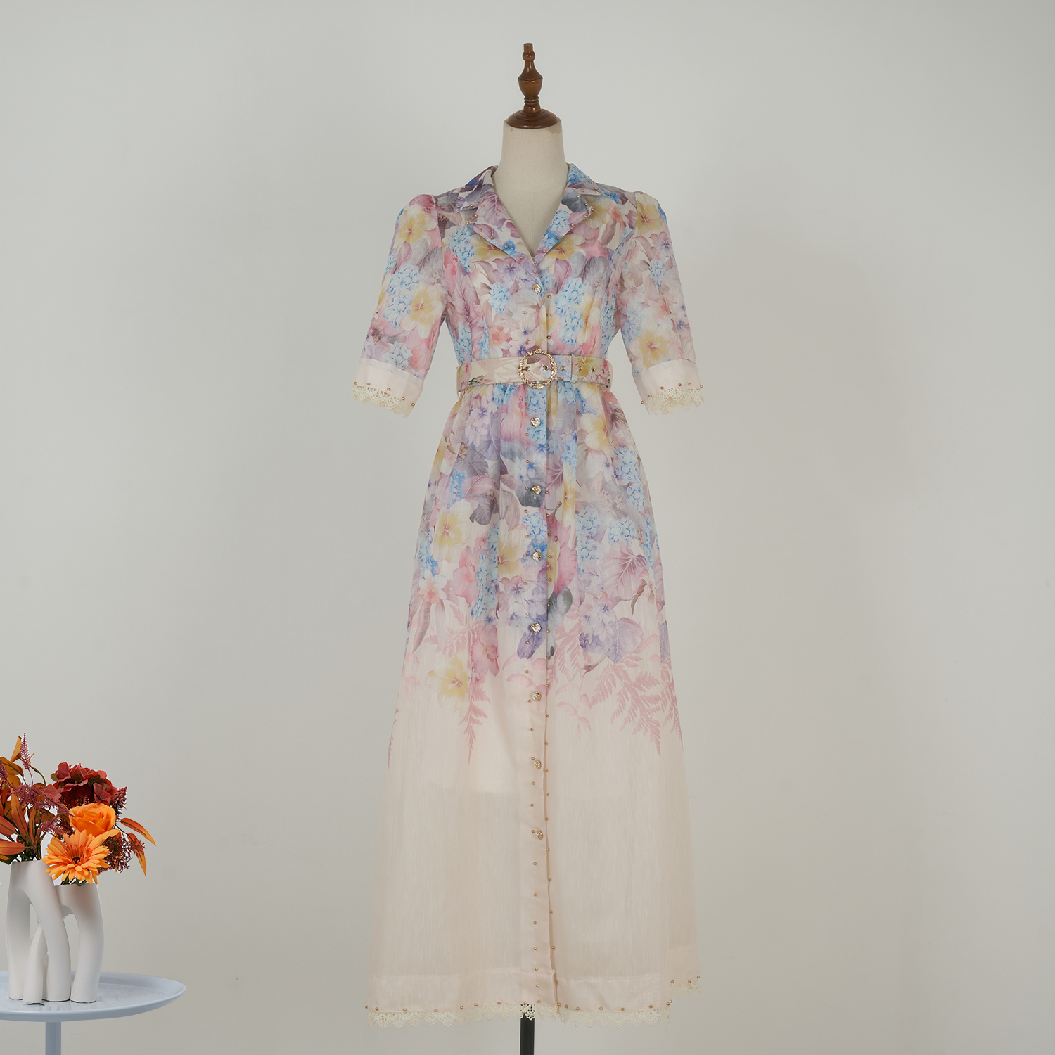 Real shooting spot European and American style suit collar short sleeved slim fit single breasted printed long skirt elegant socialite dress