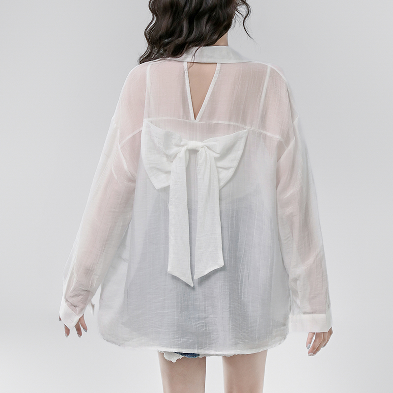 French blue bow sun protection shirt for women in summer, thin style with ribbon, cotton and linen shirt jacket, hollowed out backless top