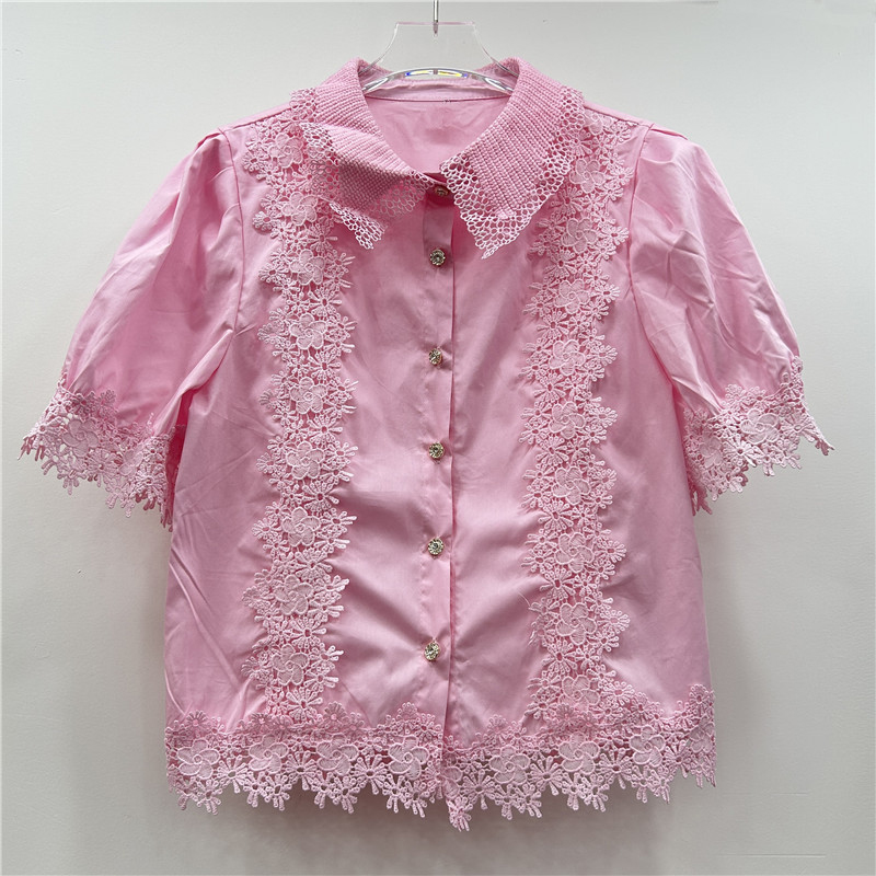 Small Lace Lace Splicing Bubble Sleeve Shirt 2025 Summer Korean Edition High Waist Short Style Water Diamond Button Small Shirt Trendy