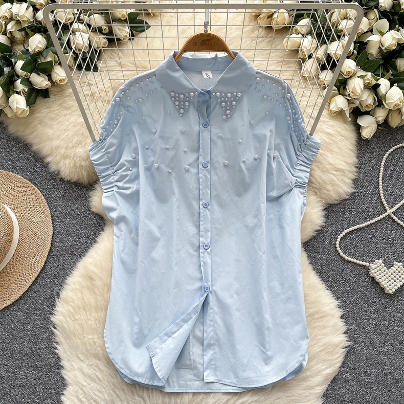Design sense: Western style heavy industry nail bead bubble sleeve shirt for women in summer 2025 plus size, fat mm, front shoulder, loose and slimming top
