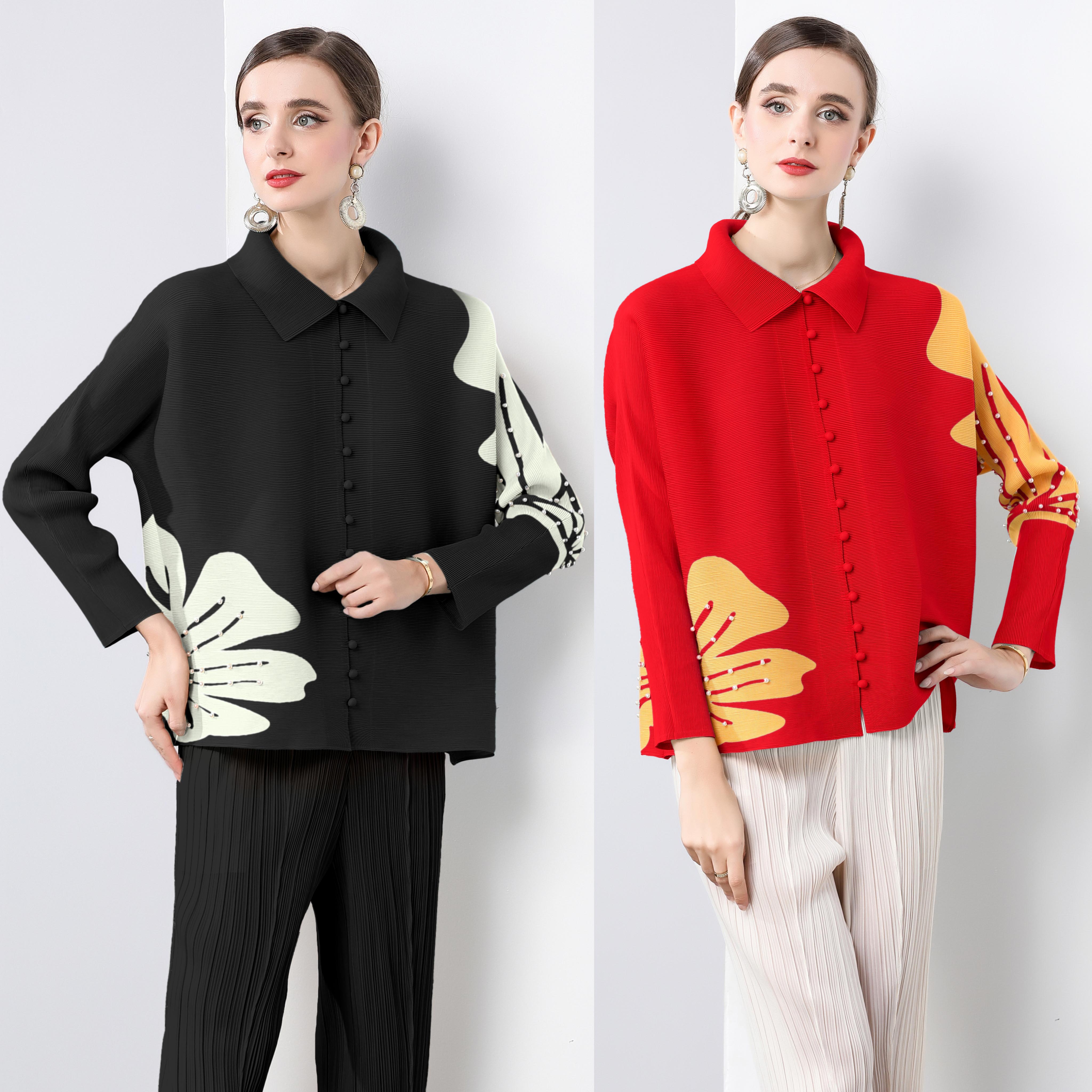 Miyake printed new cardigan top with small fragrance, fresh pleats, nail beads, loose and fashionable batball sleeves, slimming shirt