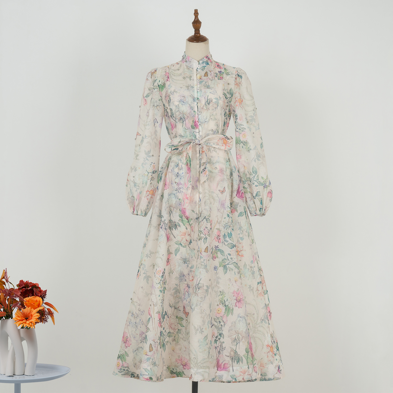 Real shot luxury 18 color nail drill lace up super slim fit large swing silk and linen long dress with suspender strap in stock