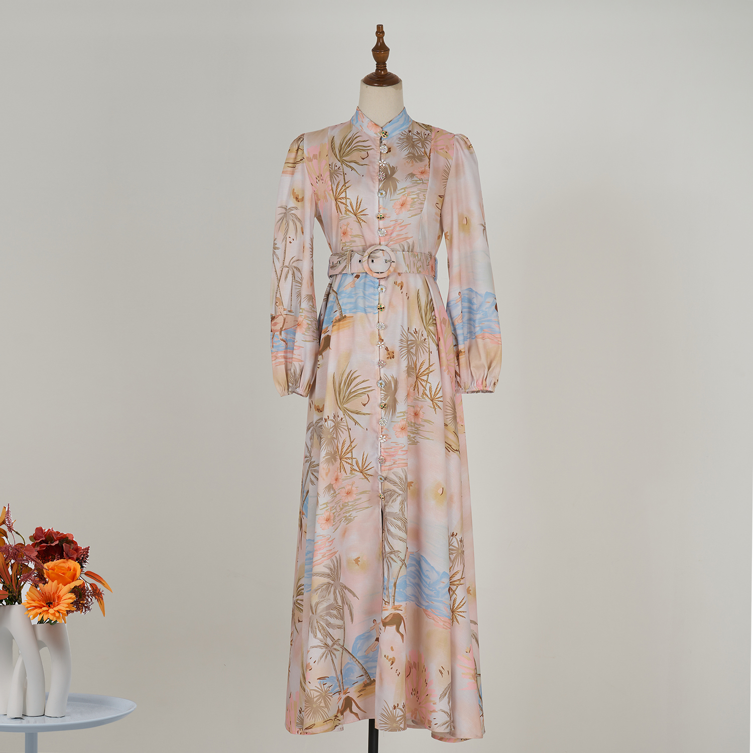 Real time spot new retro elegant printed single breasted lantern sleeve ultra long dress+belt women's clothing